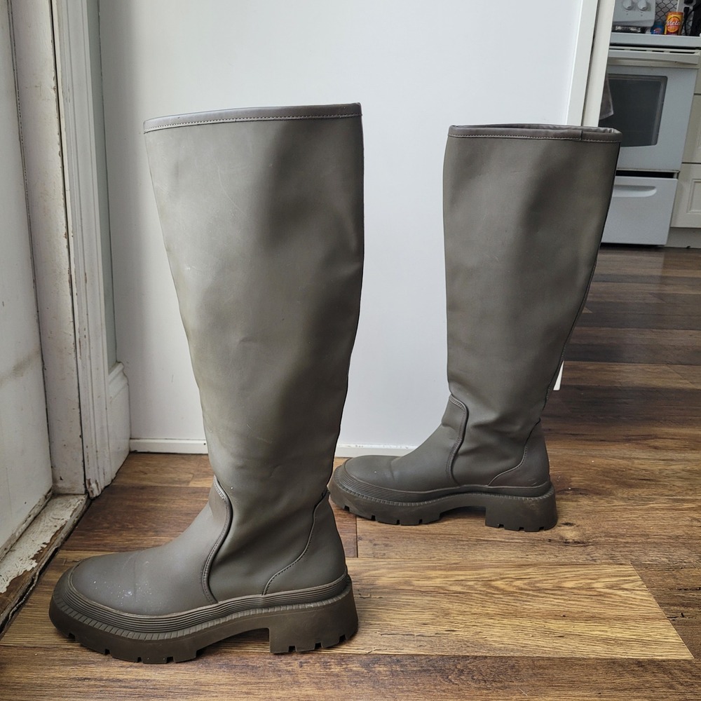 ZARA Women Olive Green Knee High Platform Chunky Sole Rain Boots Size 7.5/Eu 38 - Picture 2 of 13